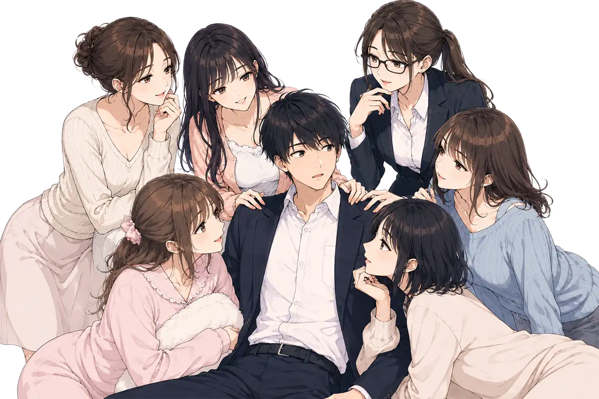 関係性の異なる複数の登場人物が並んでいる、診断ページのイメージイラスト