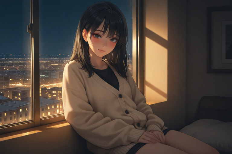 夜の窓辺で外を見る女性。買った電子書籍がどこに残るのかを解説する記事のイメージ
