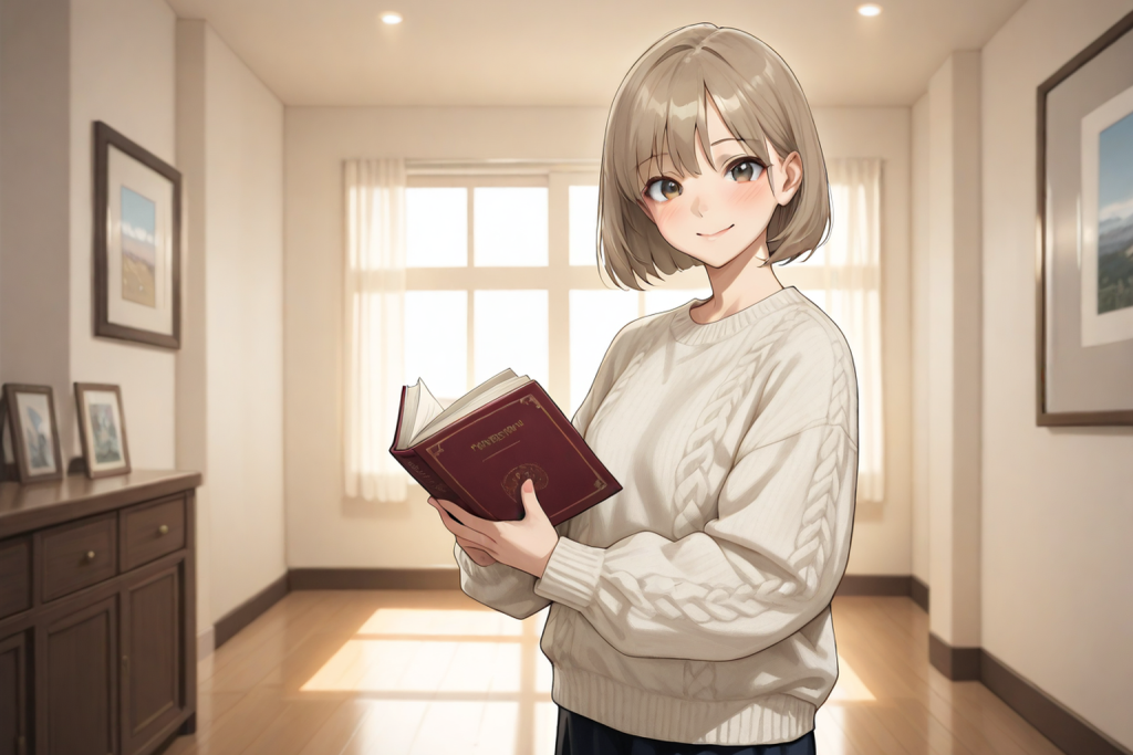 明るい室内で本を持つ女性。電子と紙の違いを解説する記事のイメージ