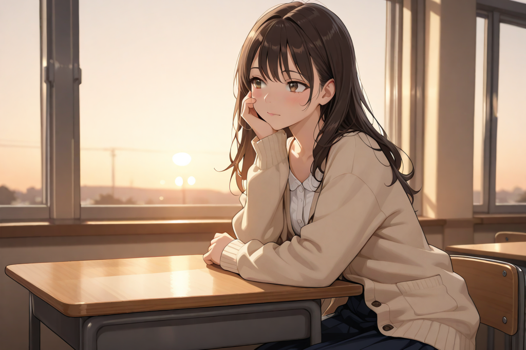 放課後の教室で窓際に座る女性。学園という舞台の解説記事のイメージ