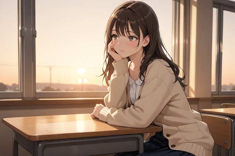 放課後の教室で窓際に座る女性。学園という舞台の解説記事のイメージ