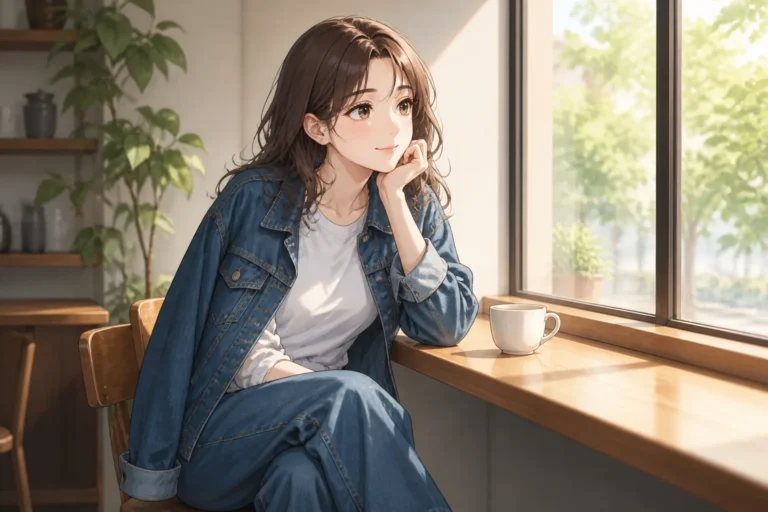 昼のカフェの窓際に座る女性。女子大生のエロ漫画おすすめ50選のイメージ