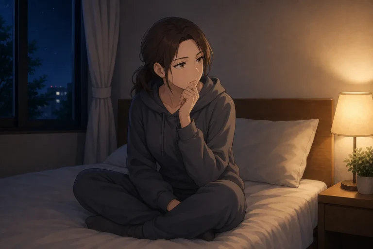 夜のベッドで考え込む女性。検索の言い換え方の記事のイメージ