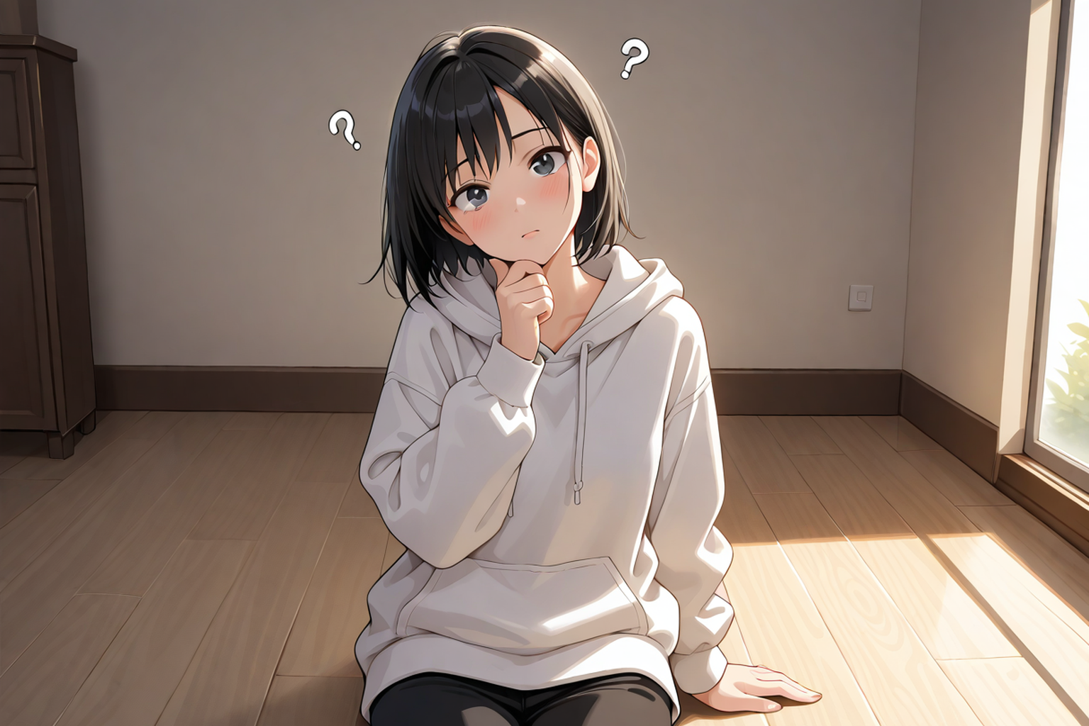 床に座って首をかしげる女性。検索の言い換え方を解説する記事のイメージ