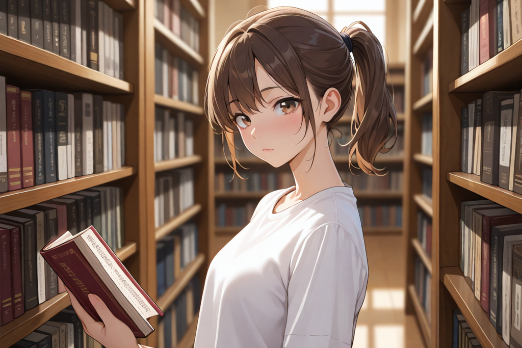 書架の前で本を手にする女性。レーベルで選ぶ方法を解説する記事のイメージ