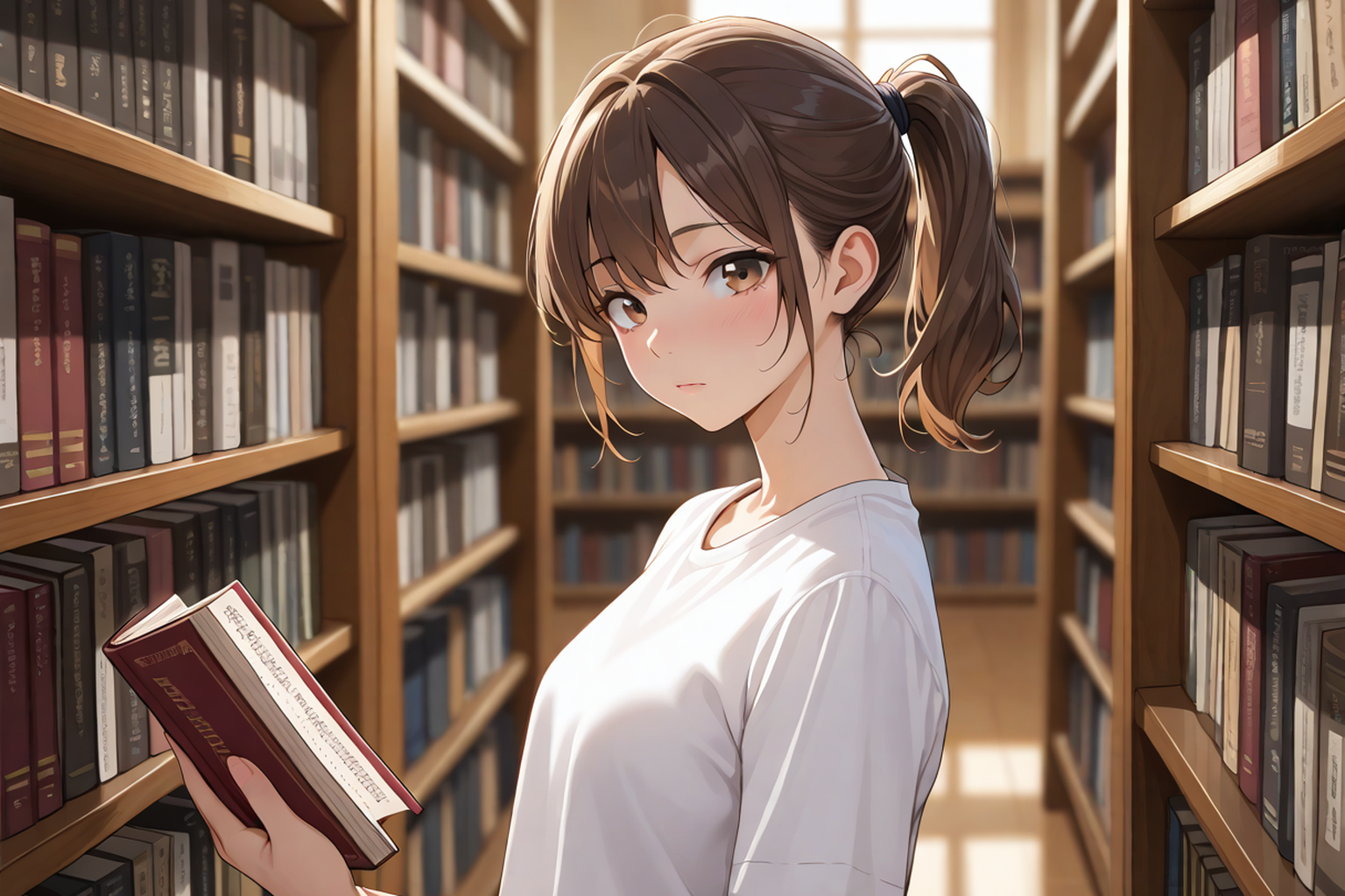 書架の前で本を手にする女性。レーベルで選ぶ方法を解説する記事のイメージ