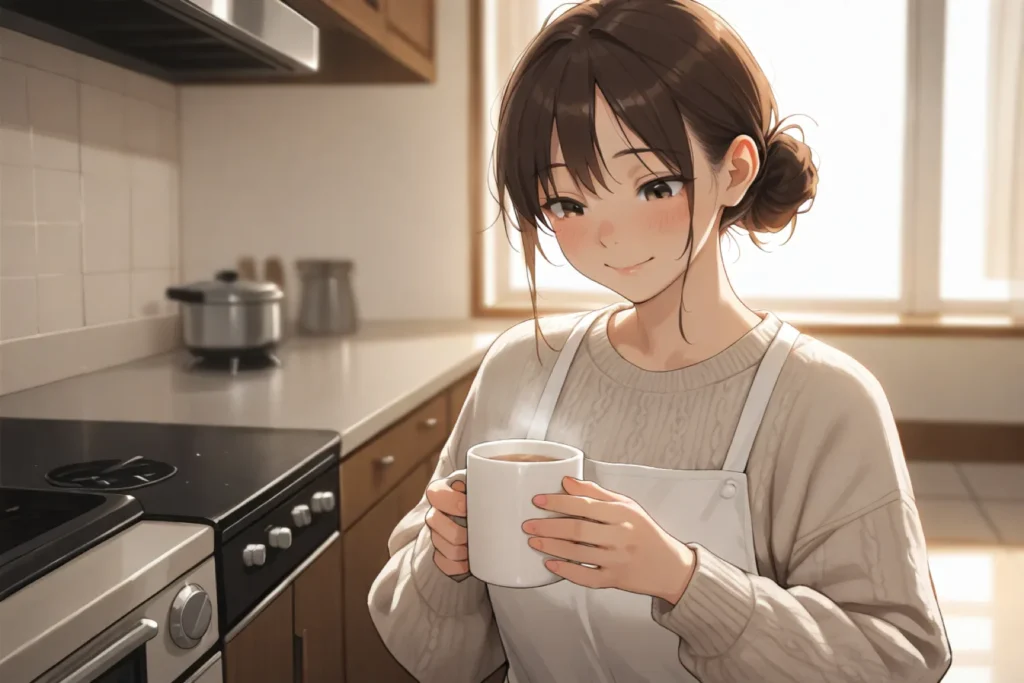 朝のキッチンでマグを持つ女性。日常・ほのぼのの解説記事のイメージ