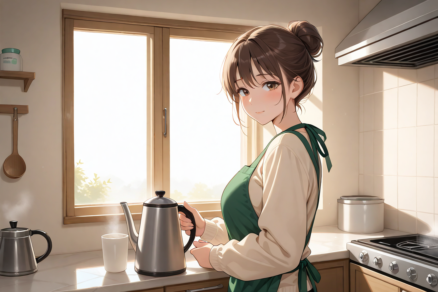 朝のキッチンでお湯を注ぐ女性。日常・ほのぼのというジャンルの解説記事のイメージ