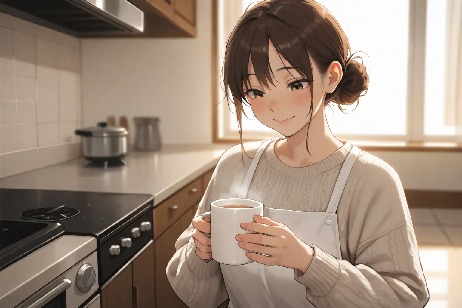 朝のキッチンでマグを持つ女性。日常・ほのぼのの解説記事のイメージ