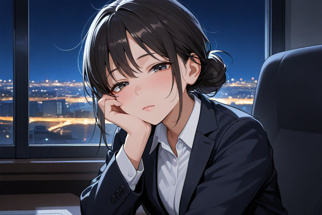 夜のオフィスで頬杖をつく女性。オフィスという舞台の解説記事のイメージ