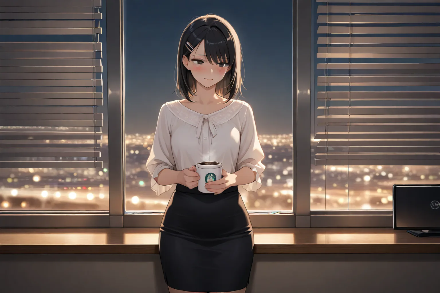 夜のオフィスの窓辺でカップを持つ女性。オフィスという舞台の解説記事のイメージ