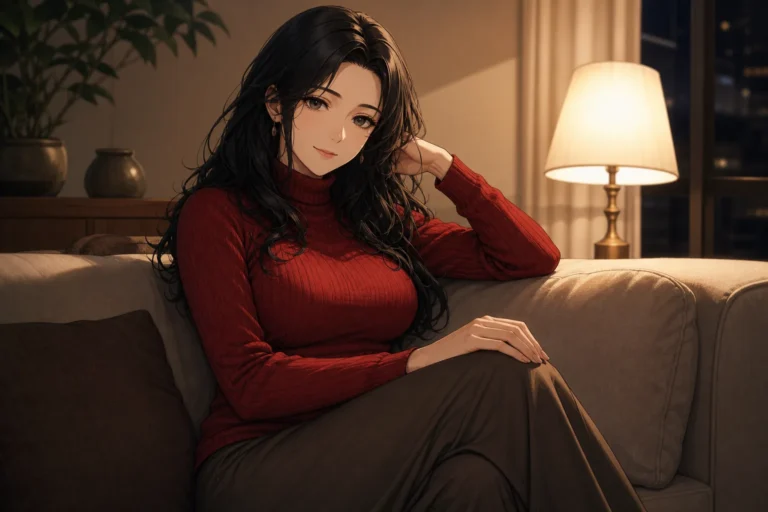夜のソファでくつろぐ赤いニットの女性。お姉さんのエロ漫画40選のイメージ