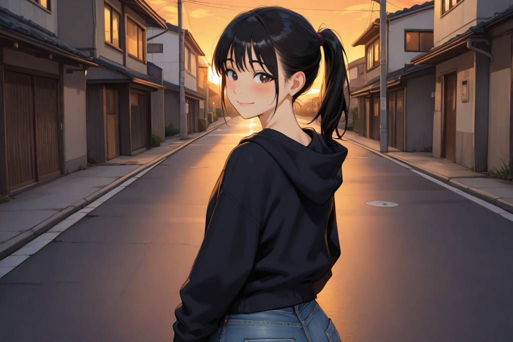 夕暮れの住宅街で振り返る女性。幼なじみというジャンルの解説記事のイメージ
