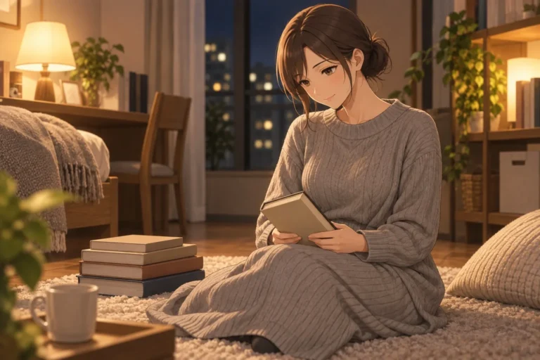 夜の部屋で、積み上げた本の中から一冊を手に取って表紙を見ている女性。レビュー件数の多い順に100冊を並べた記事のイメージ