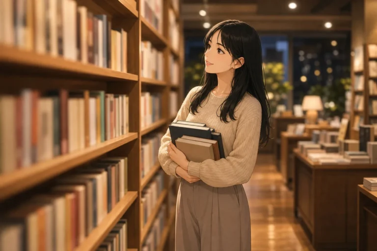 書店の棚の前で本を抱える女性。エロ漫画おすすめ50選のイメージ