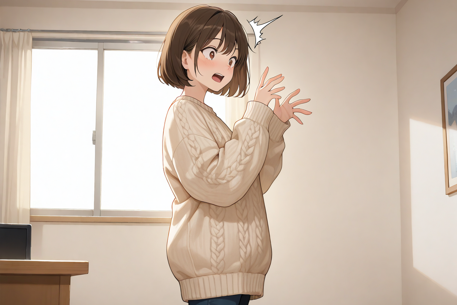 明るい部屋で驚いた表情を見せる女性。ラブコメというジャンルの解説記事のイメージ