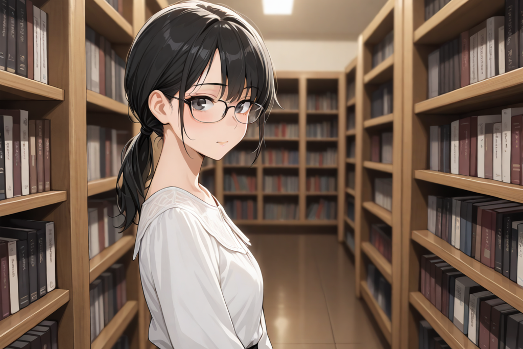 書架の前で考える眼鏡の女性。作品情報の読み方を解説する記事のイメージ