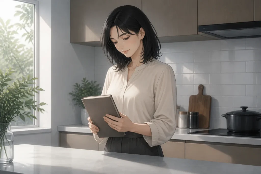キッチンで本を手にする女性。作品情報の読み方の記事のイメージ