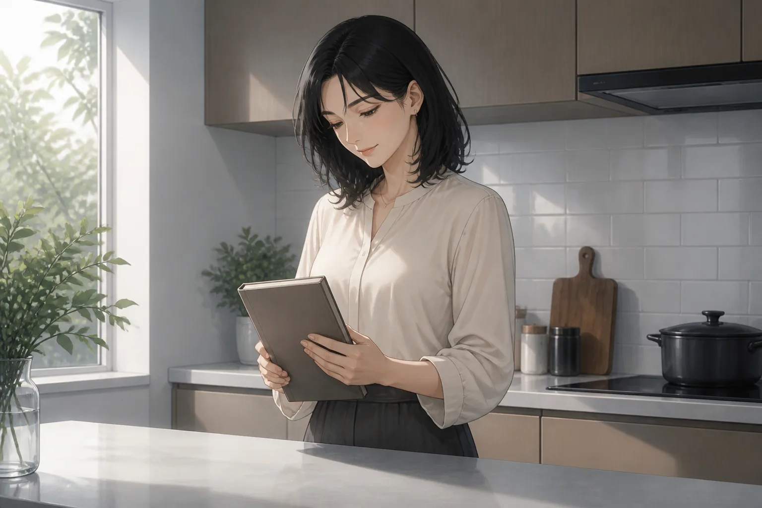 キッチンで本を手にする女性。作品情報の読み方の記事のイメージ