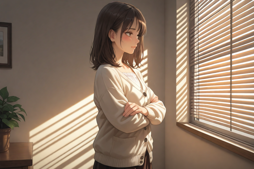 午後の室内に立つ落ち着いた女性。先輩と後輩というジャンルの解説記事のイメージ