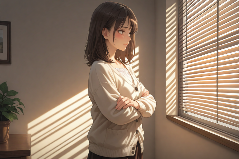 午後の室内に立つ落ち着いた女性。先輩と後輩というジャンルの解説記事のイメージ