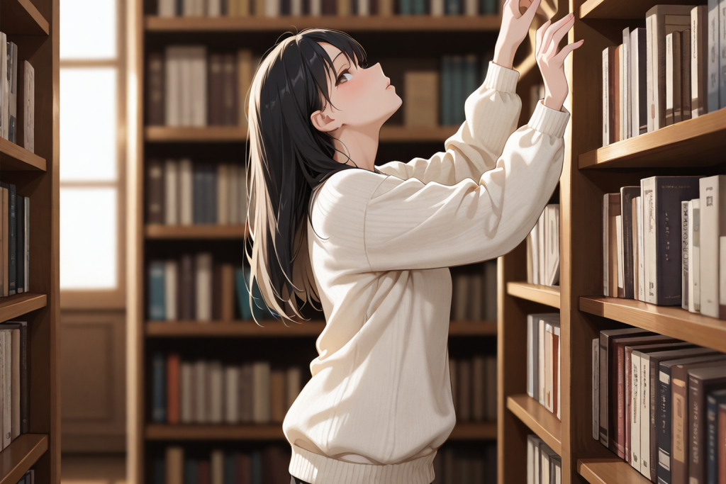 書架に手を伸ばす女性。シリーズ・長編という形式の解説記事のイメージ