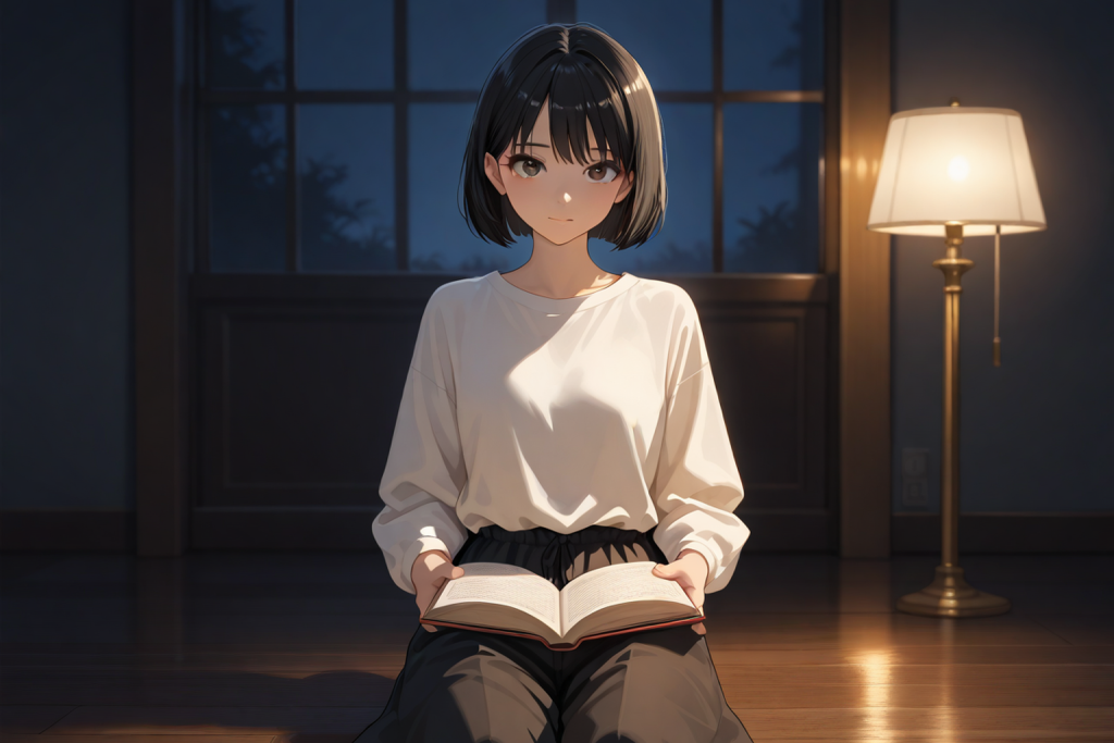 夜の室内で本を抱えて座る女性。短編集という形式の解説記事のイメージ