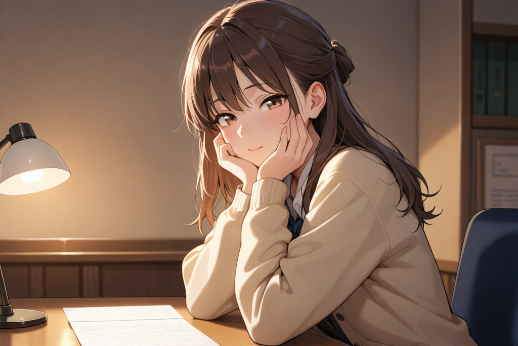 机に向かって考えごとをする女性。単品購入と読み放題の損得を計算する記事のイメージ