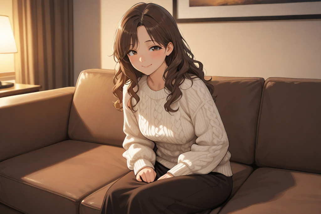 夕方のリビングでくつろぐ落ち着いた雰囲気の女性。年上・お姉さんというジャンルの解説記事のイメージ