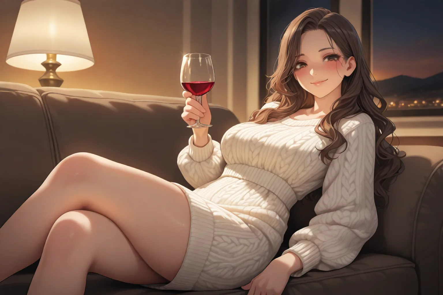 夜のソファでグラスを持つ女性。年上・お姉さんの解説記事のイメージ