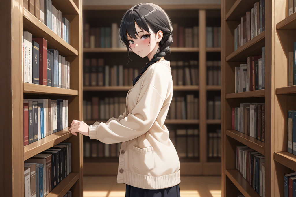 書架を確かめる女性。続き物を買うときの確認事項を解説する記事のイメージ