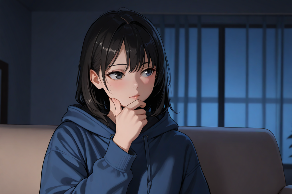 夜の部屋で考えごとをする女性。読み放題の対象外について解説する記事のイメージ