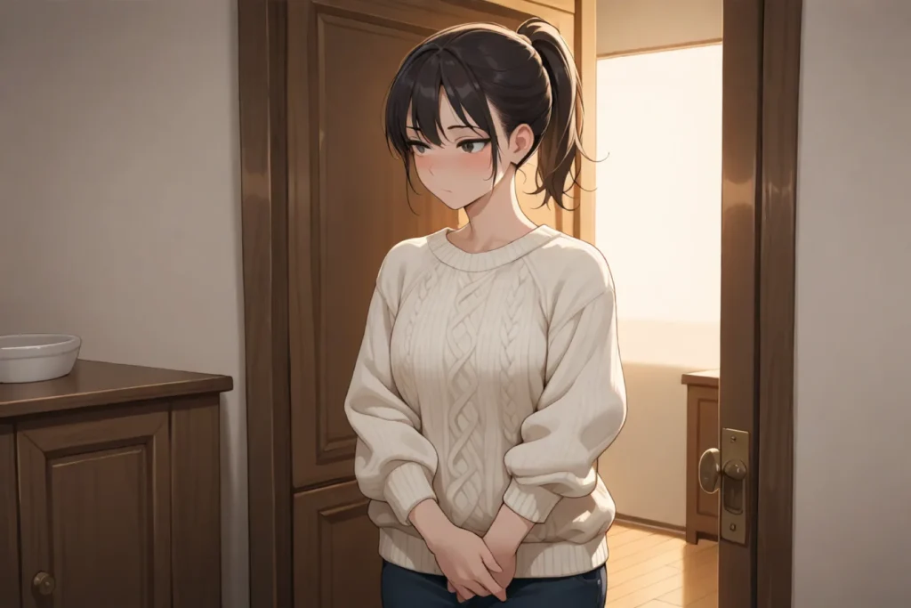閉じた戸棚の前に立つ女性。読み放題で読めない本の解説記事のイメージ